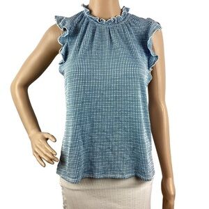 W5 Top Size M Blue White Ruffle Trim Cap Sleeves
